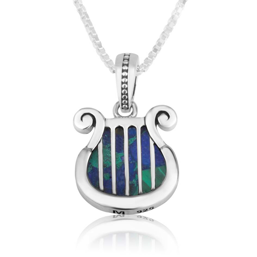 King David Harp – Sterling Silver Pendant with Solomon Stone