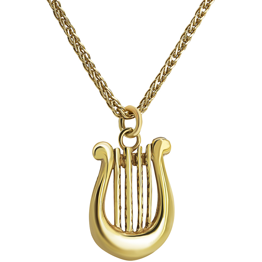 ‘King David Lyre’ 14k Gold Harp Pendant – Made in Israel (with chain)