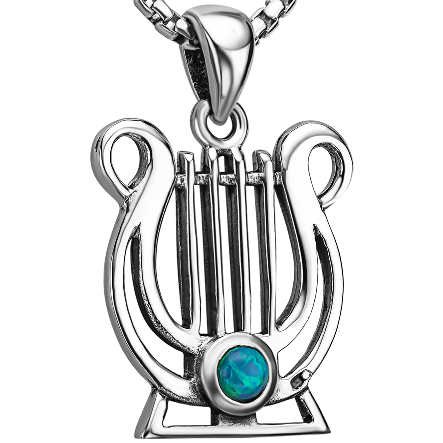 King David Lyre Pendant in Sterling Silver with Opal – Made in Israel