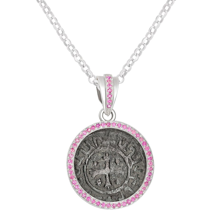 ‘King Levon’ Armenian 12th Century Coin Silver Pendant Pink Rubies (with chain)