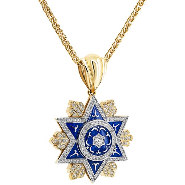 Large 'Star of David' 14k Gold Diamond and Blue Enamel Necklace (with chain)