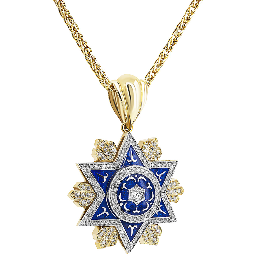 Large ‘Star of David’ 14k Gold Diamond and Blue Enamel Necklace (with chain)
