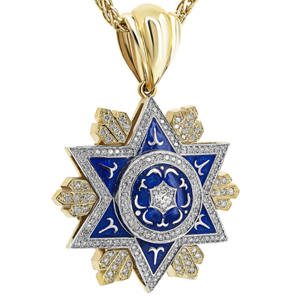 Large 'Star of David' 14k Gold Diamond and Blue Enamel Necklace