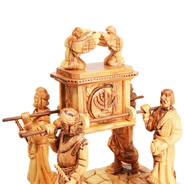 Large 'Ark of the Covenant with Priests' in Olive Wood - Made in Israel (carrying detail)