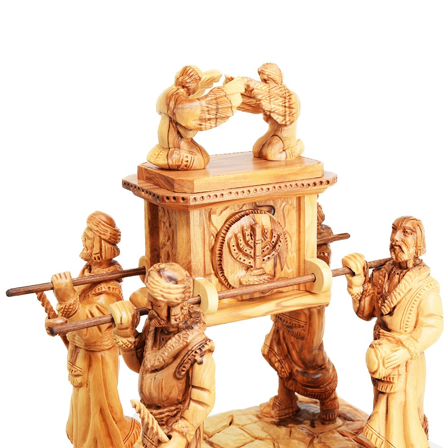 Large ‘Ark of the Covenant with Priests’ in Olive Wood – Made in Israel (carrying detail)