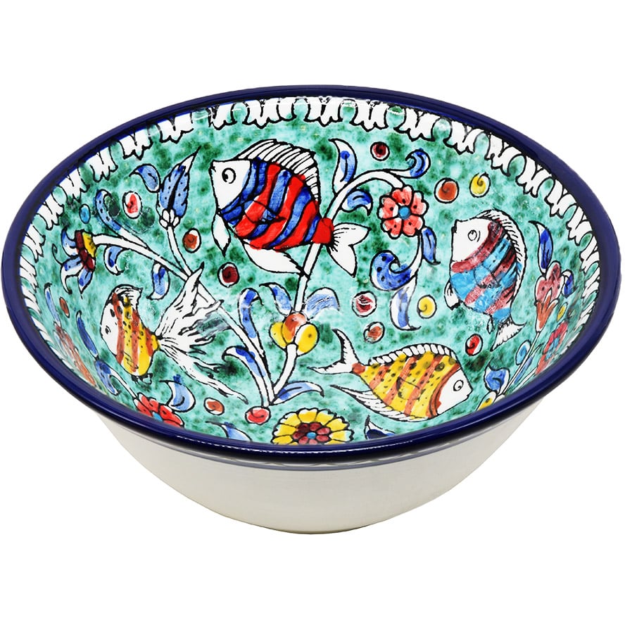 Large Armenian Ceramic Bowl – Colorful Fish – Made in Israel – 9.5″