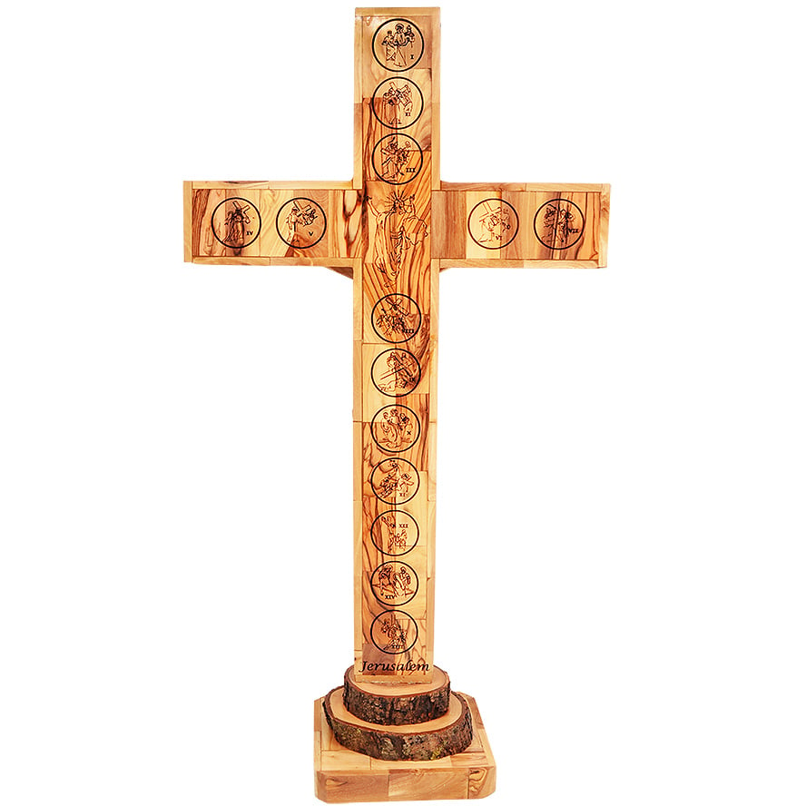 Large Olive Wood Cross and Crucifix from Jerusalem – with 4 Incense 23″ (rear view)