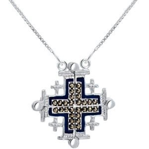 Opening 'Jerusalem Cross' Marcasite and Blue Enamel on Silver Necklace (with chain)