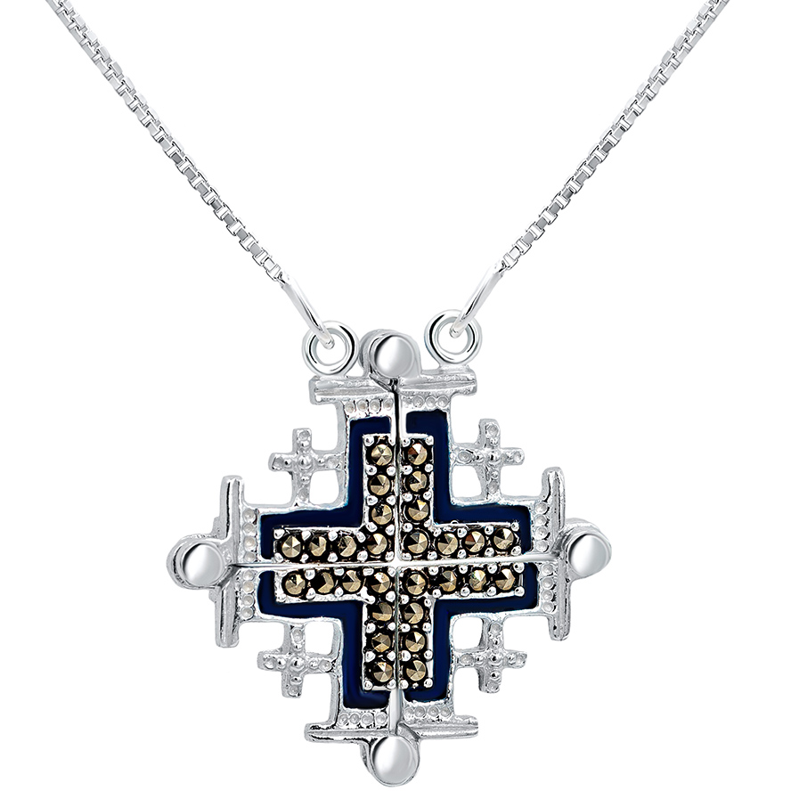 Opening ‘Jerusalem Cross’ Marcasite and Blue Enamel on Silver Necklace (with chain)