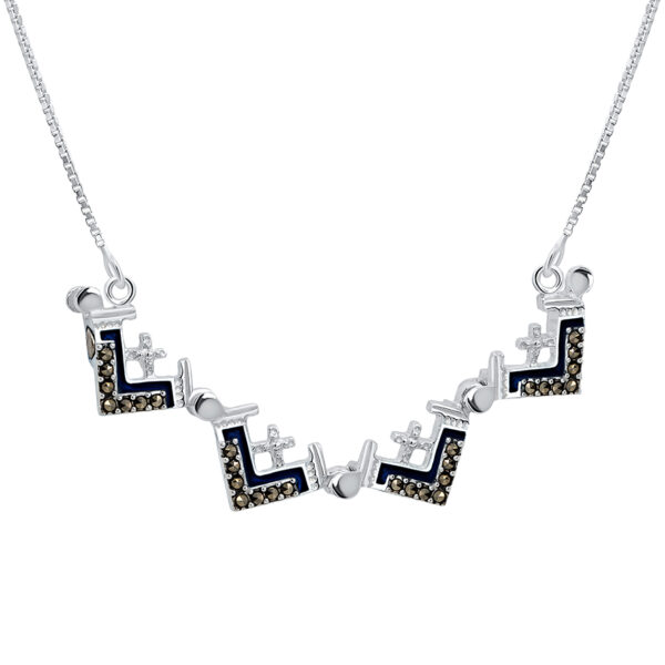 Opening 'Jerusalem Cross' Marcasite and Blue Enamel on Silver Necklace (open)