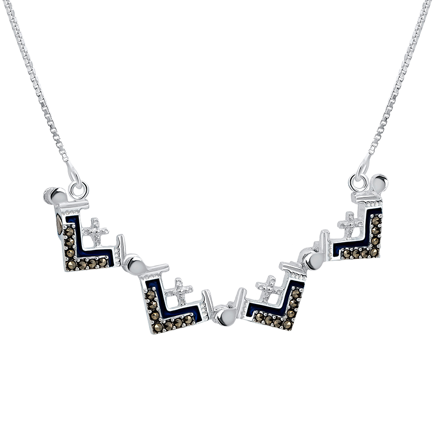 Opening ‘Jerusalem Cross’ Marcasite and Blue Enamel on Silver Necklace (open)