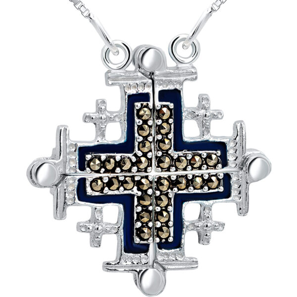 Opening 'Jerusalem Cross' Marcasite and Blue Enamel on Silver Necklace
