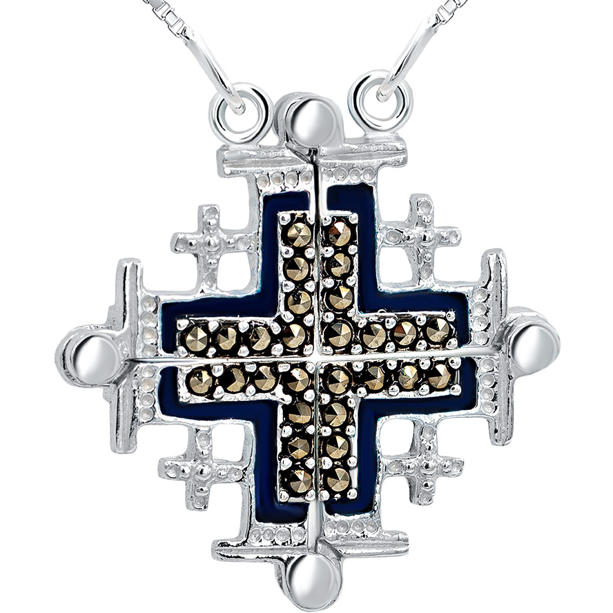 Opening ‘Jerusalem Cross’ Marcasite and Blue Enamel on Silver Necklace