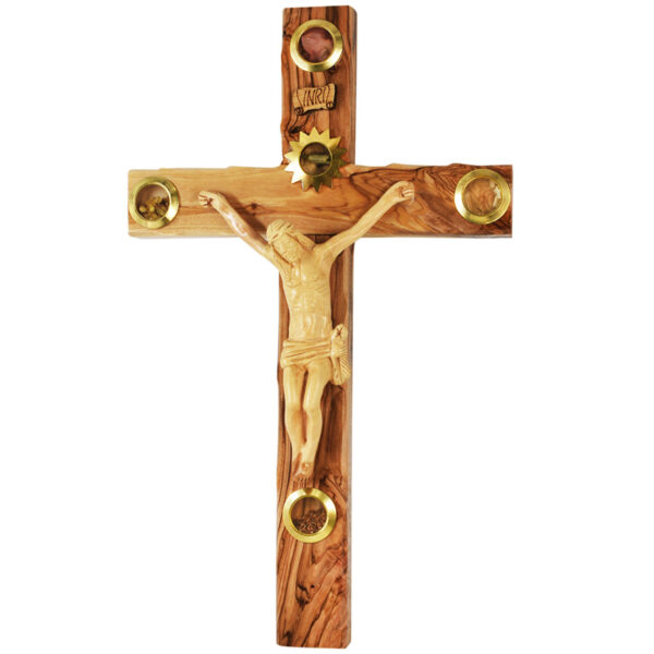 Olive Wood Cross with Crucifix and 5 Incense Wall Hanging - 14" inch (standing)
