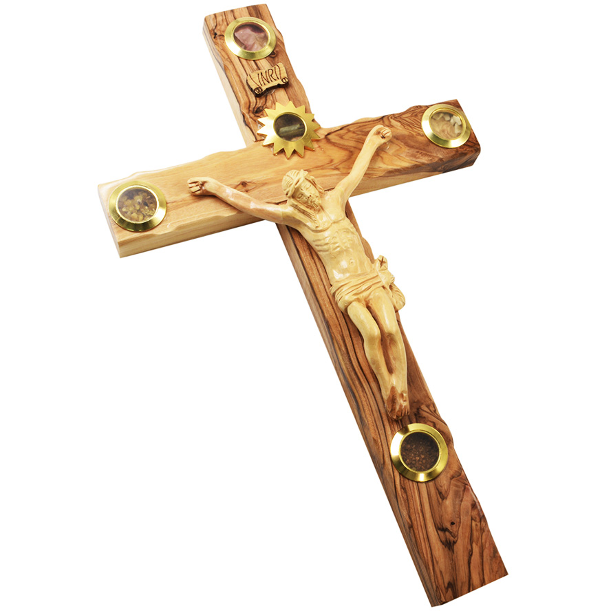 Olive Wood Cross with Crucifix and 5 Incense Wall Hanging – 14″ inch