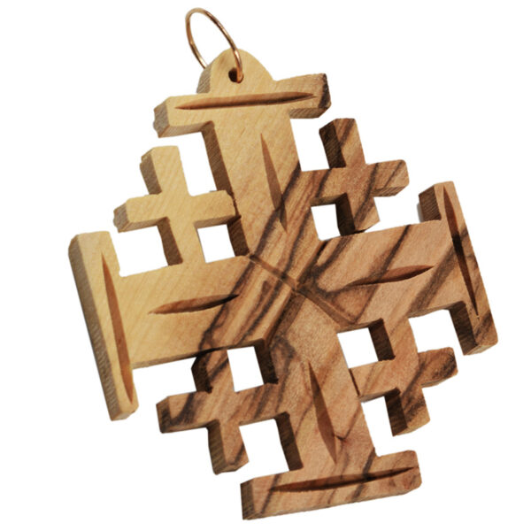 Olive Wood 'Jerusalem Cross' Pendant - Made in Bethlehem - 2"