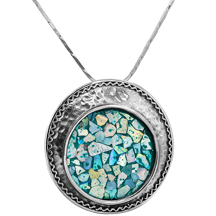 Large Roman Glass and Hammered Silver Round Pendant from Israel (with chain)