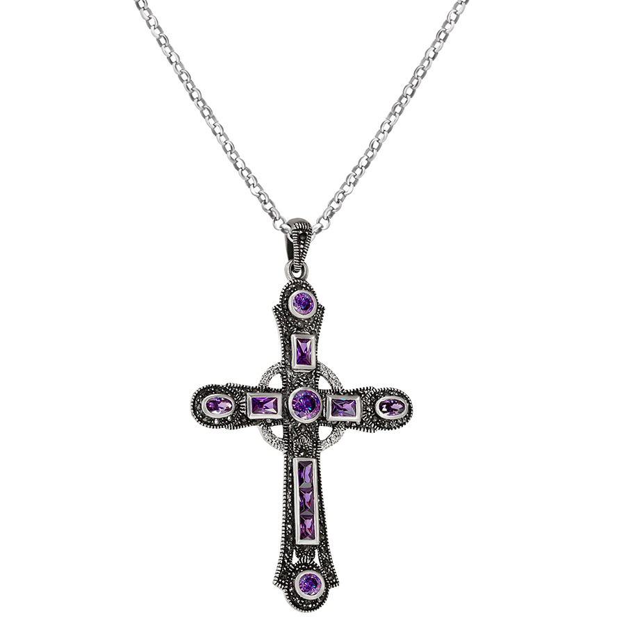 Large Silver Cross Pendant with Amethyst Crystals and Marcasite (with chain)