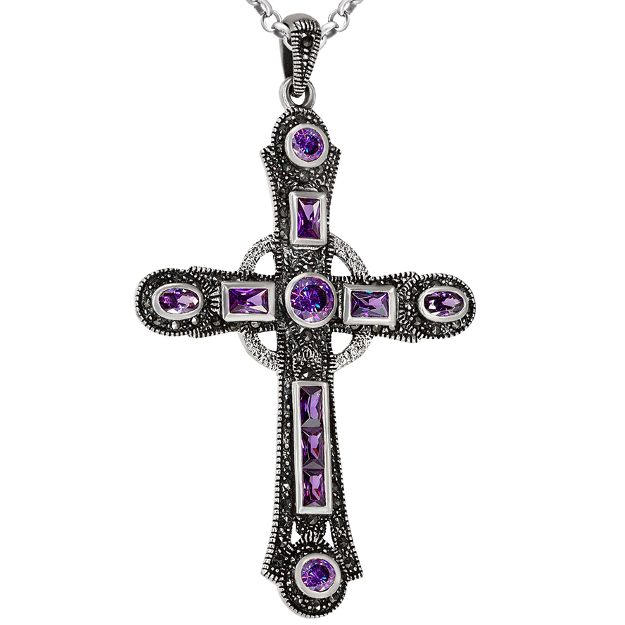 Large Silver Cross Pendant with Amethyst Crystals and Marcasite