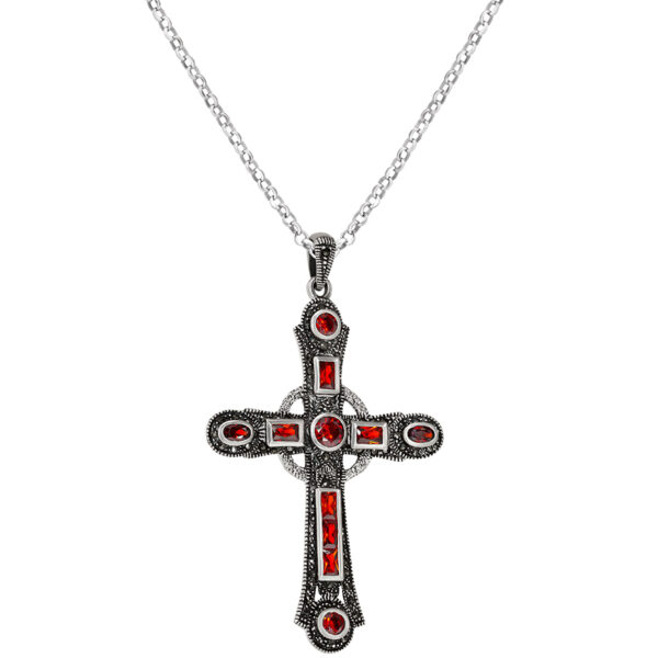 Large Silver Cross Necklace with Blood Red Crystals and Marcasite (with chain)