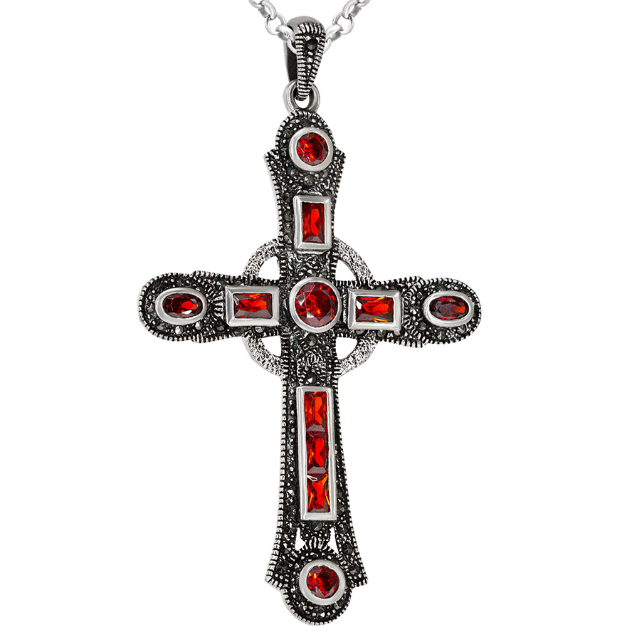 Large Silver Cross Necklace with Blood Red Crystals and Marcasite