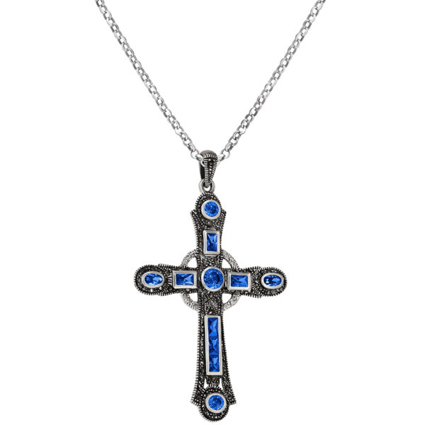 Large Silver Cross Pendant with Sapphire Blue Crystals and Marcasite (with chain)