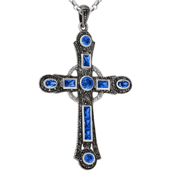 Large Silver Cross Pendant with Sapphire Blue Crystals and Marcasite