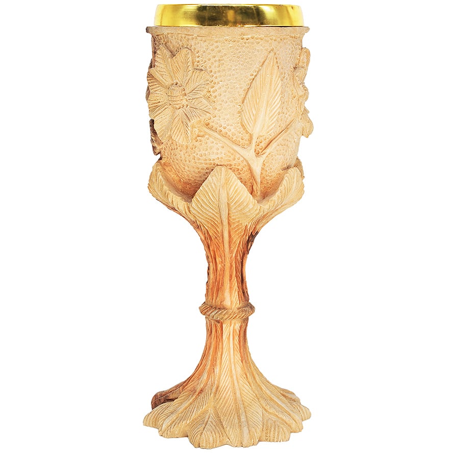 Exclusive ‘The Lord’s Supper’ Carved Flowers Olive Wood Cup – 8″ (back)