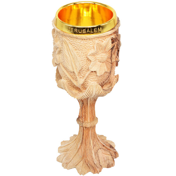 Exclusive 'The Lord's Supper' Carved Flowers Olive Wood Cup - 8" (above gold insert)