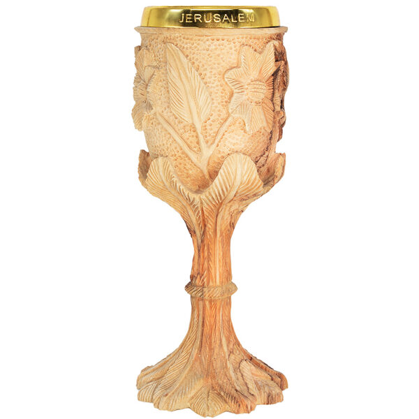 Exclusive 'The Lord's Supper' Engraved Flowers Olive Wood Cup - 8"