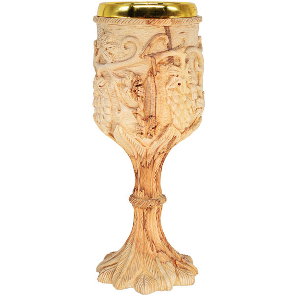 Exclusive 'The Lord's Supper' Carved Grape Vine Olive Wood Cup - 8" (back)