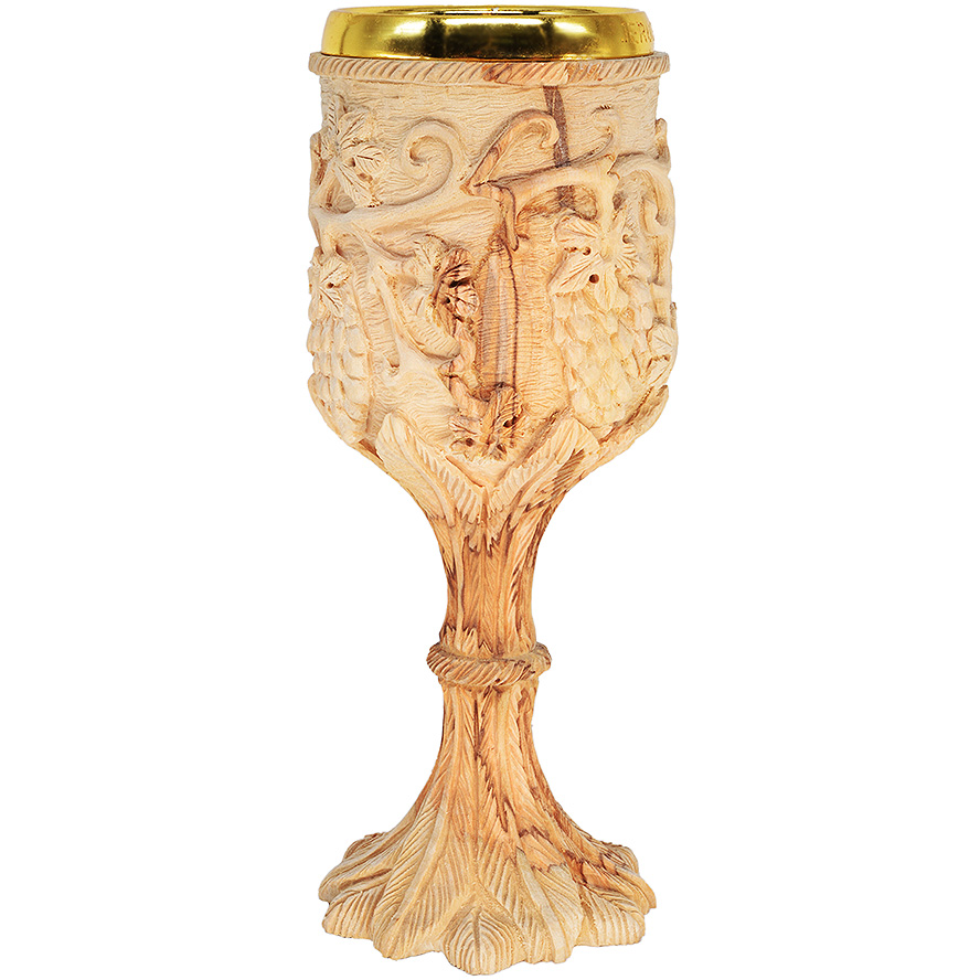 Exclusive ‘The Lord’s Supper’ Carved Grape Vine Olive Wood Cup – 8″ (back)