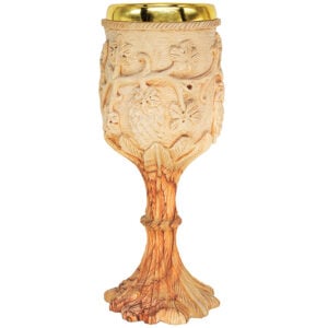 Exclusive 'The Lord's Supper' Carved Grape Vine Olive Wood Cup - 8" (side view)