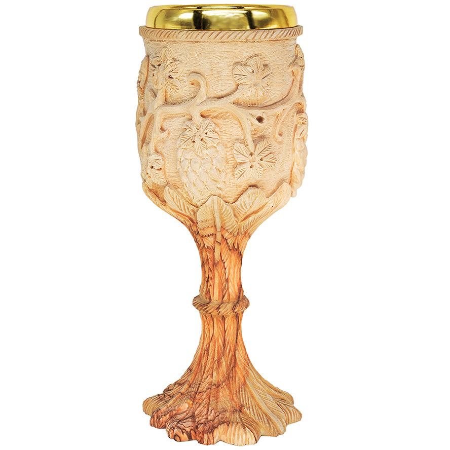 Exclusive ‘The Lord’s Supper’ Carved Grape Vine Olive Wood Cup – 8″ (side view)