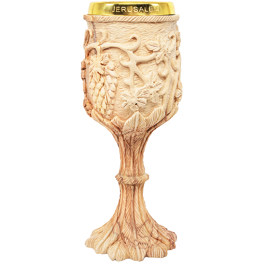 Exclusive 'The Lord's Supper' Carved Grape Vine Olive Wood Cup - 8"