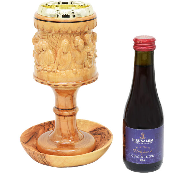 The Last Supper (Faceless) Olive Wood Chalice, Dish and Grape Juice - 8"