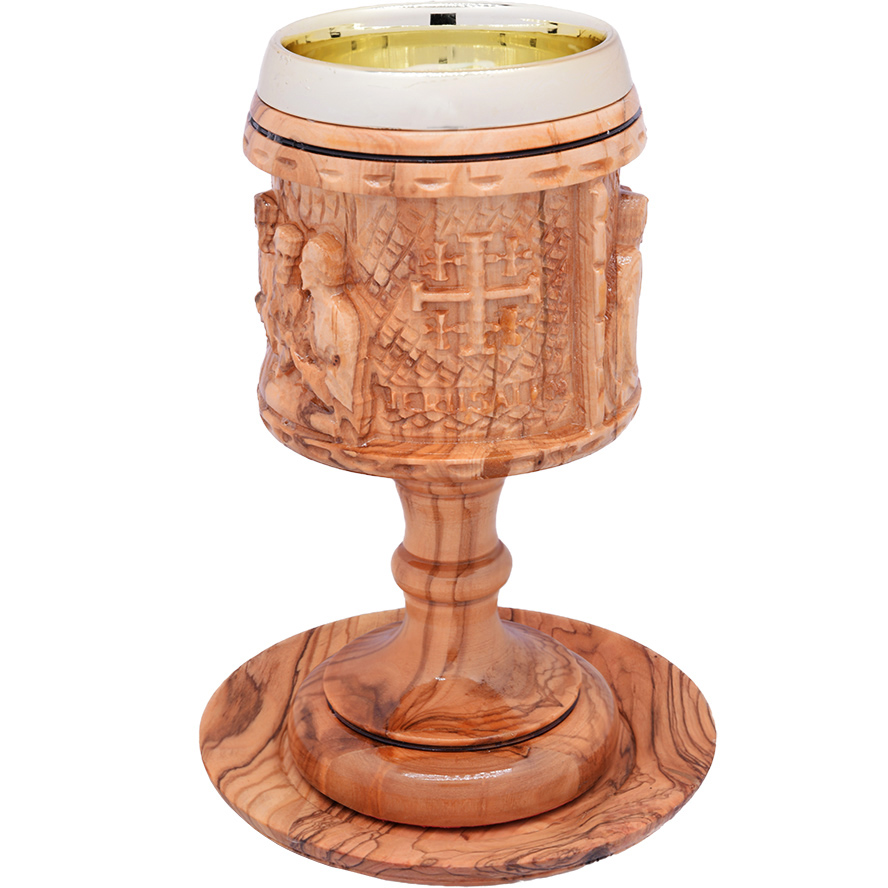 The Last Supper Olive Wood carved Communion Cup with ‘Jerusalem Cross’