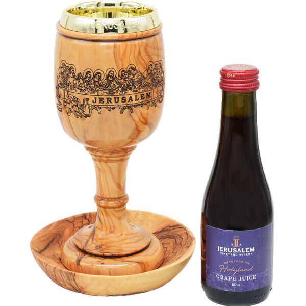 Engraved 'The Last Supper' Olive Wood Communion Chalice with Grape Juice 8"