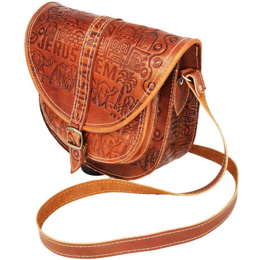 Handmade Leather ‘Jerusalem’ Shoulder Bag from the Holy Land (angle view)
