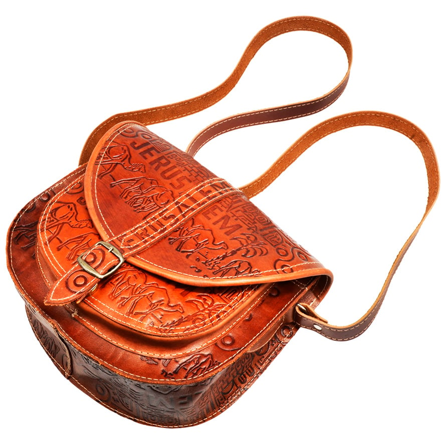 Handmade Leather ‘Jerusalem’ Shoulder Bag from the Holy Land (top view)
