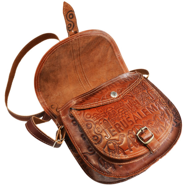 Handmade Leather 'Jerusalem' Shoulder Bag from the Holy Land (opened)