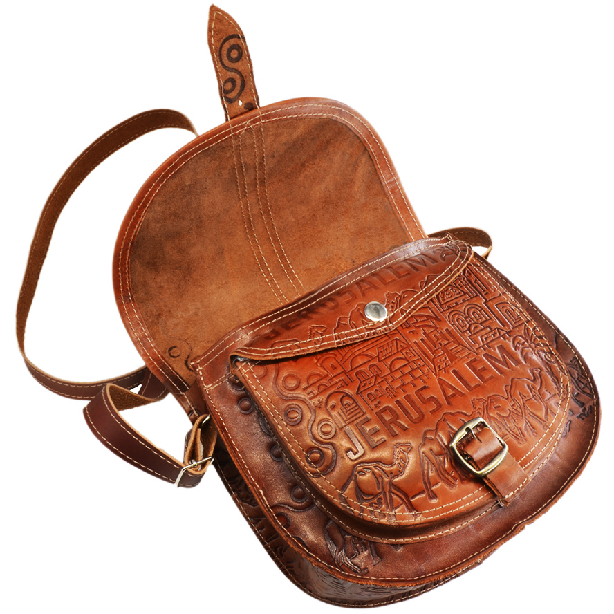 Handmade Leather ‘Jerusalem’ Shoulder Bag from the Holy Land (opened)