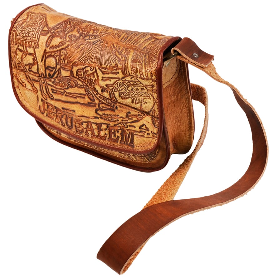 Handmade Leather ‘Jerusalem Camels’ Handbag from Israel (side view)