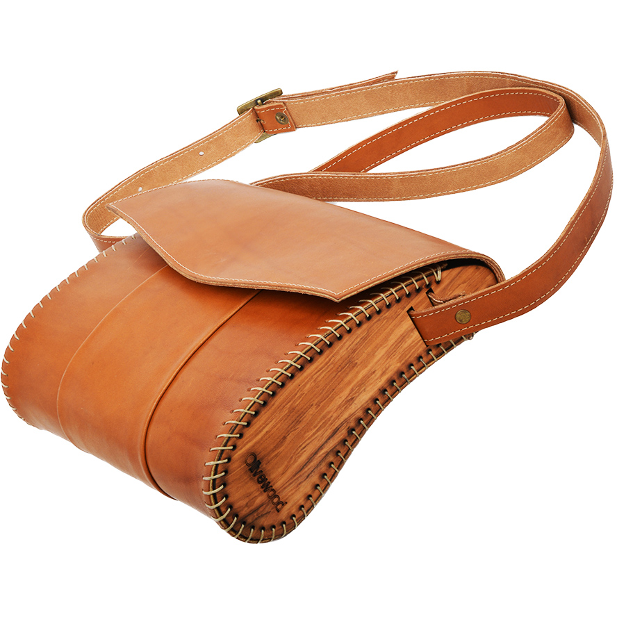 Handmade Leather & Olive Wood Shoulder Bag from Israel – Natural (side view)