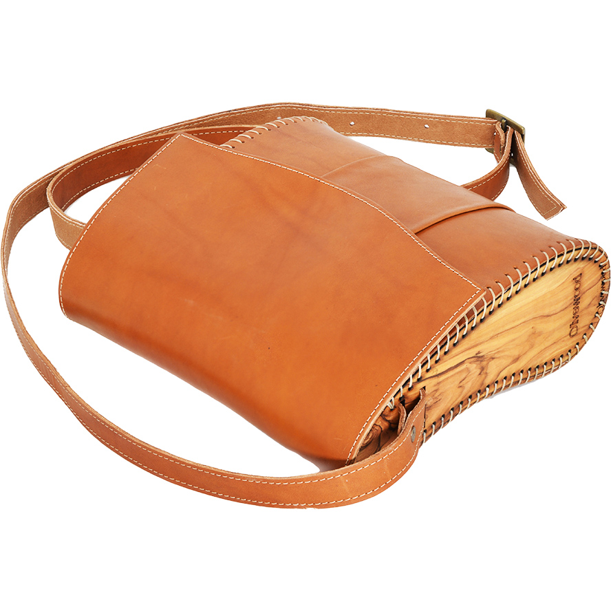 Handmade Leather & Olive Wood Shoulder Bag from Israel – Natural (top side)