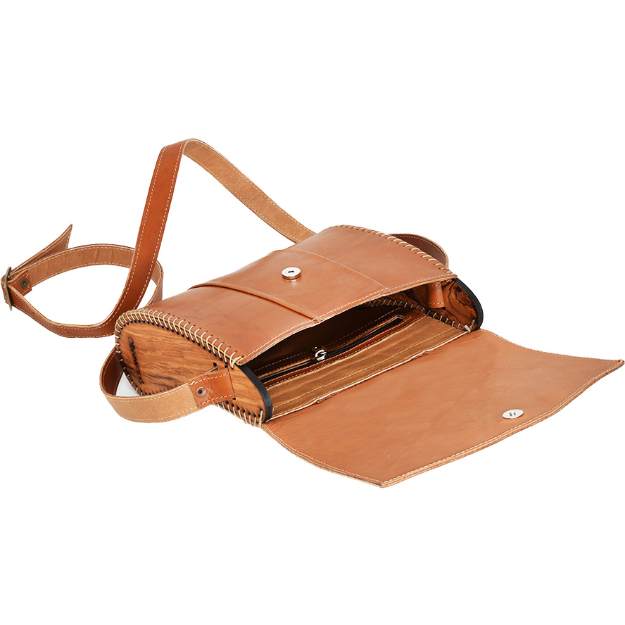 Handmade Leather & Olive Wood Shoulder Bag from Israel – Natural (open)