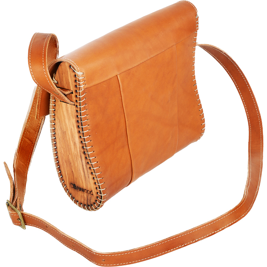 Handmade Leather & Olive Wood Shoulder Bag from Israel – Natural (rear view)