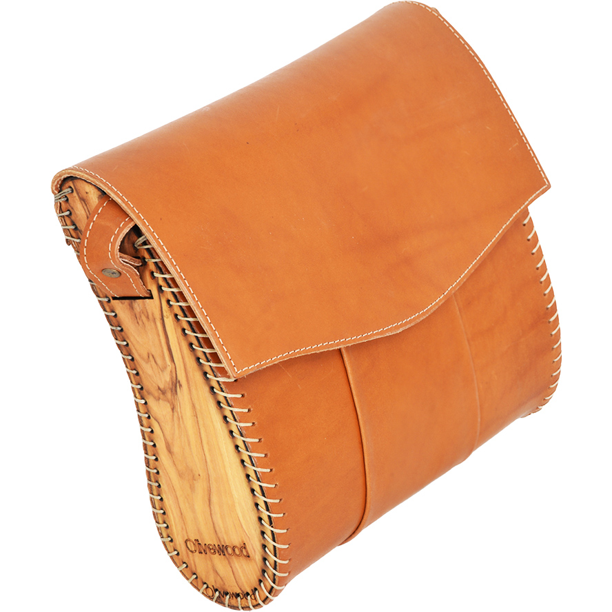 Handmade Leather & Olive Wood Shoulder Bag from Israel – Natural (front)