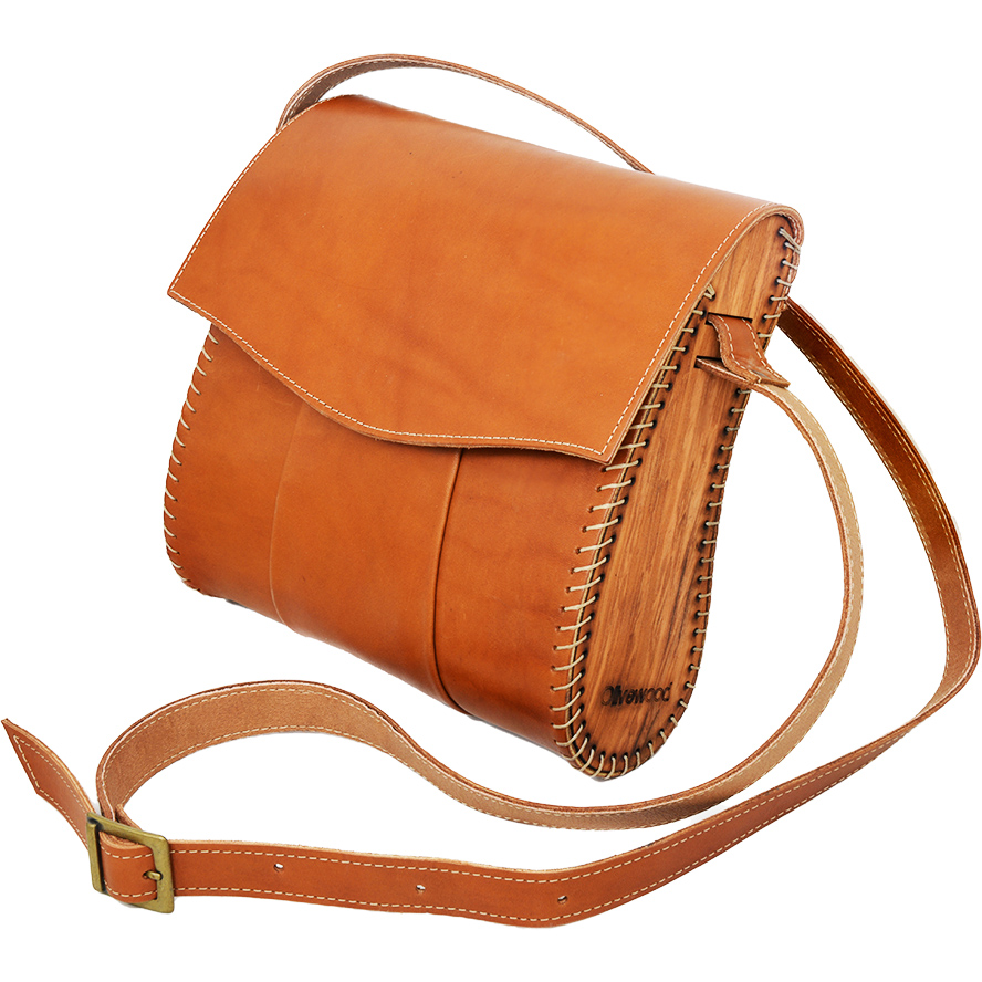 Handmade Leather & Olive Wood Shoulder Bag from Israel – Natural
