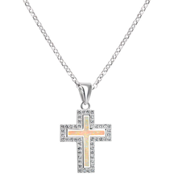✞ Zirconia Surrounding Light Opal in Sterling Silver Cross Necklace (with chain)
